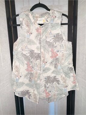 Sleeveless Tropical Print Button-Front Blouse in Pale Mint & Coral 100% Linen